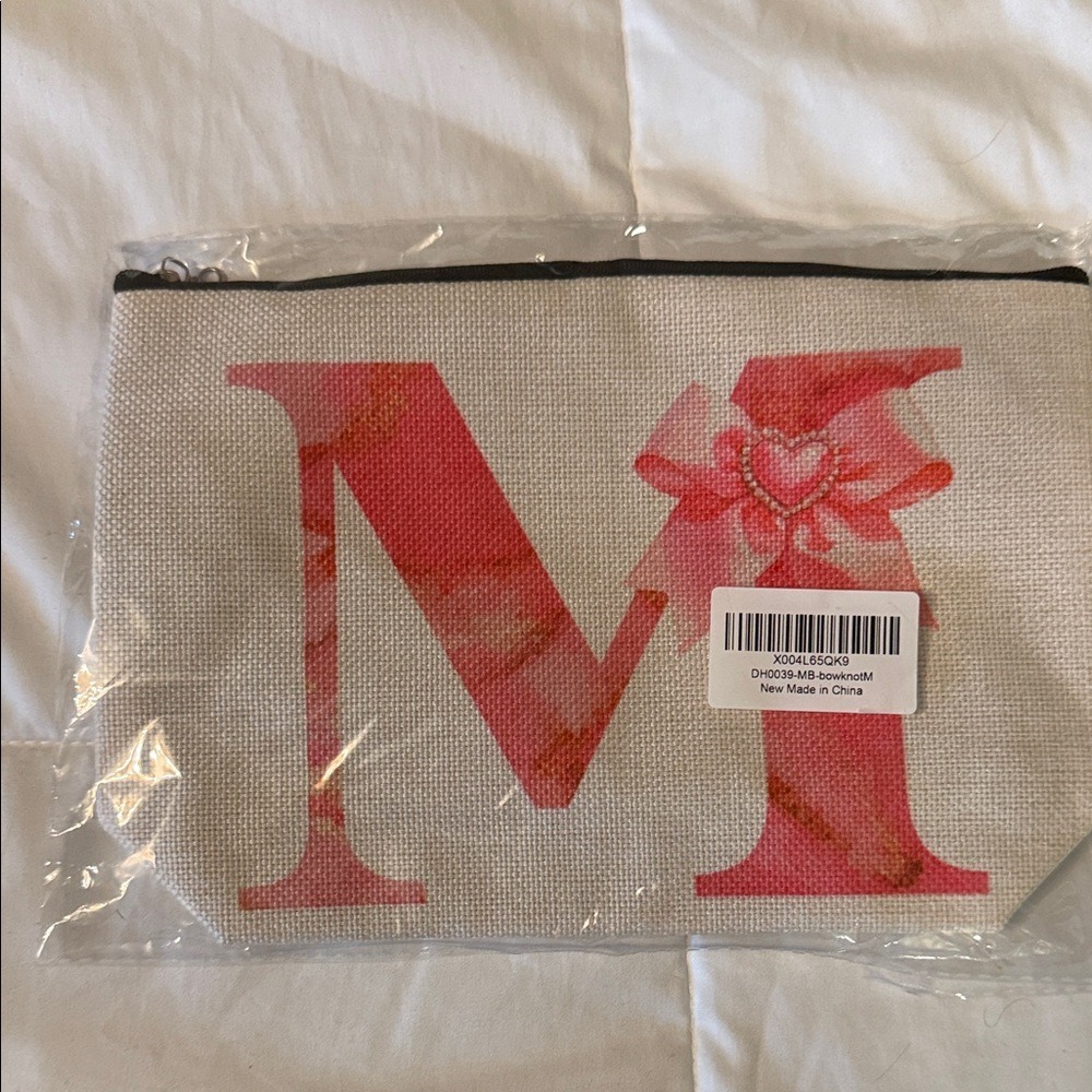 Initial M Monogram Makeup Bag Pink Bow Heart Coquette Aesthetic Cosmetic Pouch